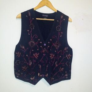 Vintage D.D. Designs Embroidered Beaded Vest-Large-Button Front-Tie Back-Navy